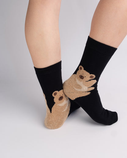 Teddy Bear Cotton Crew Socks – Black