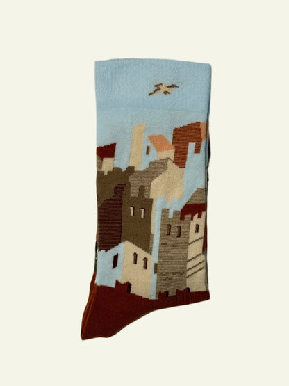 Women' s socks with fairytale buildings, cute socks for Korean-style aesthetic wardrobes.