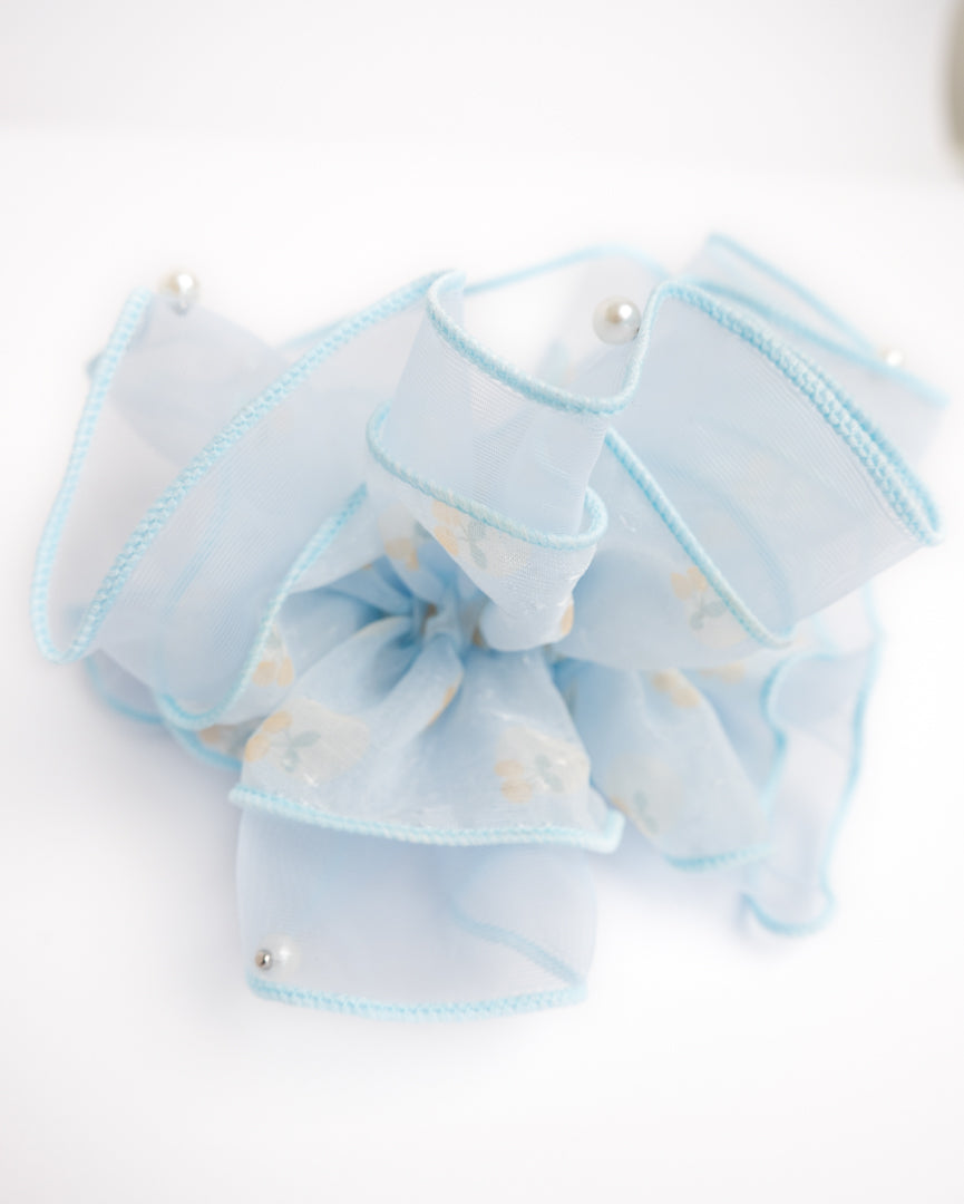Pearl Ruffle Sheer Scrunchie - Light Blue