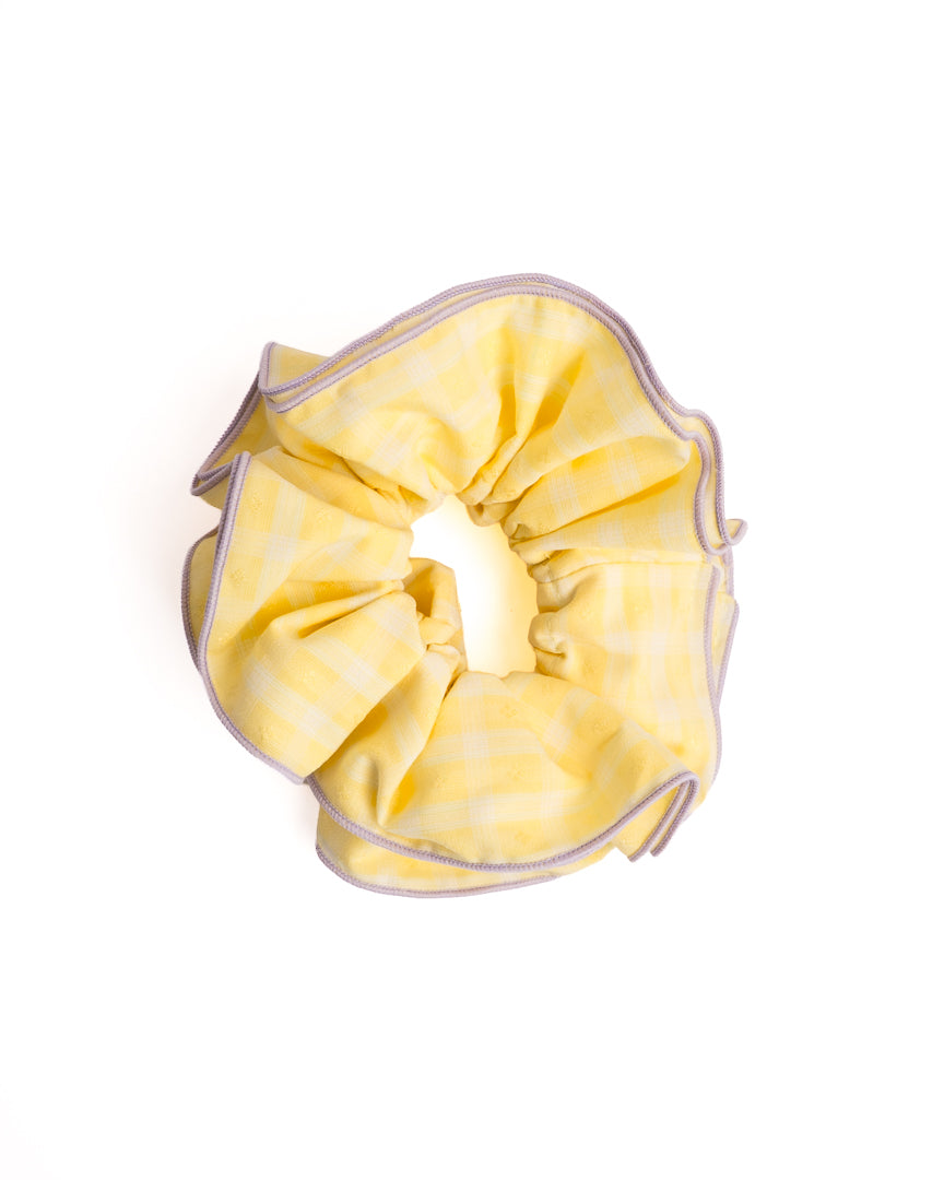 Gingham Purple Trim Hair Scrunchie in yellow with purple piping on flat lay white background
