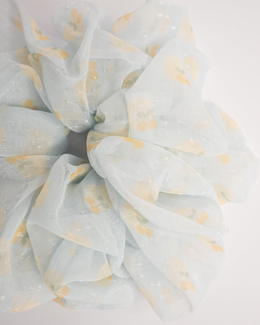 Yellow Cherry Sheer Hair Scrunchie - Light Blue