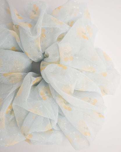 Yellow Cherry Sheer Hair Scrunchie - Light Blue