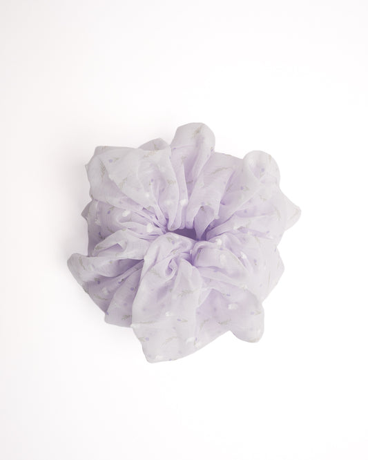 Lavender Field Swiss Dot Sheer Scrunchie in lavender featuring purple floral print on flat lay white background