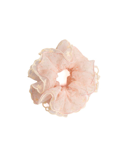 Scalloped Floral Sheer Hair Scrunchie in pink featuring floral print and yellow embroidered lace trim on flat lay white background