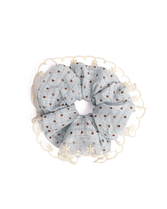 Scalloped Heart Embroidered Lace Sheer Hair Scrunchie in light blue featuring heart print and white lace trim on flat lay white background