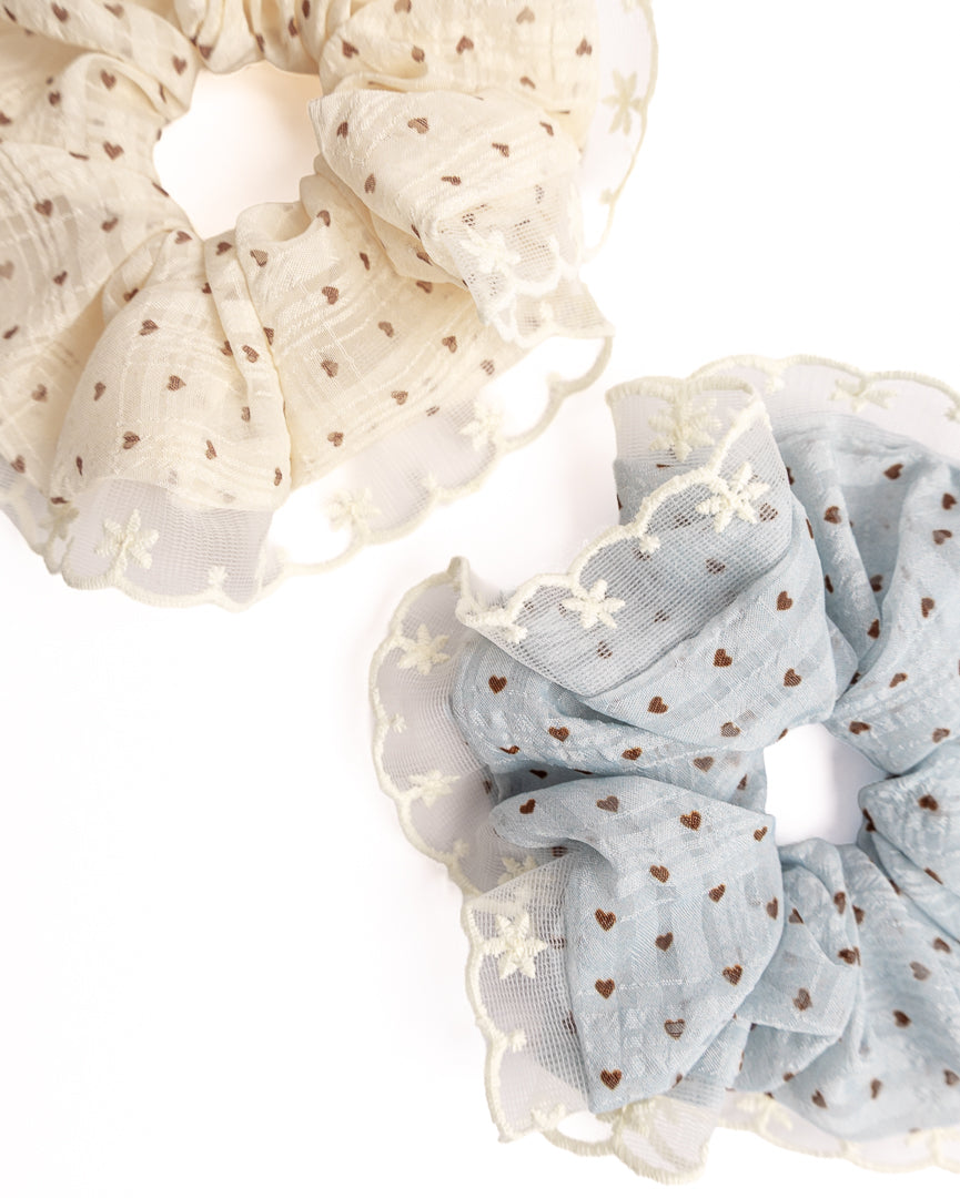 Heart Embroidered Lace Sheer Scrunchie - Cream