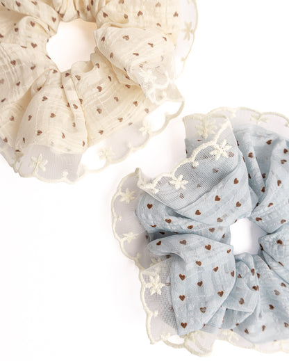 Heart Embroidered Lace Sheer Scrunchie - Cream
