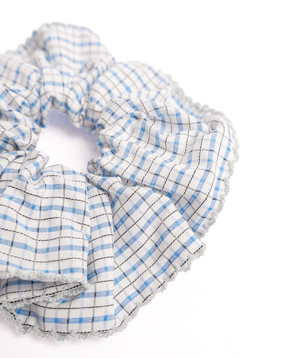 Handcrafted Blue Gingham Trim Scrunchie - Blue