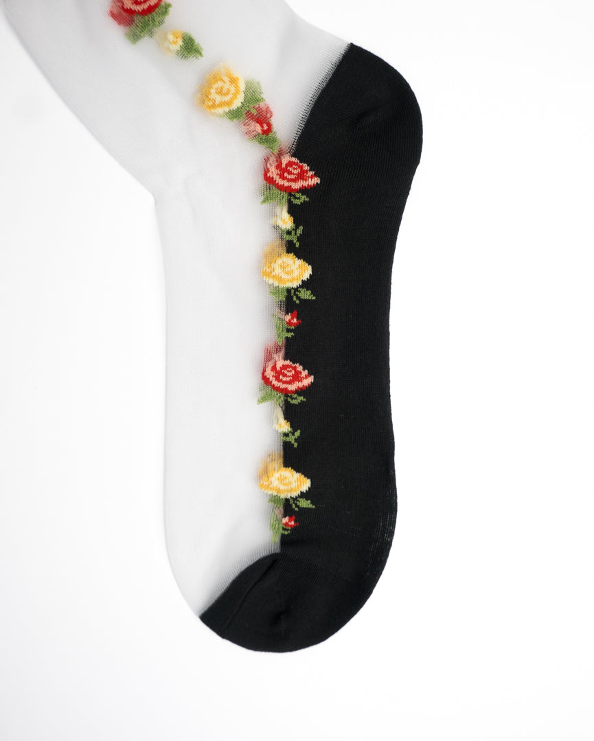 Rose Floral Sheer Crew Socks - Black