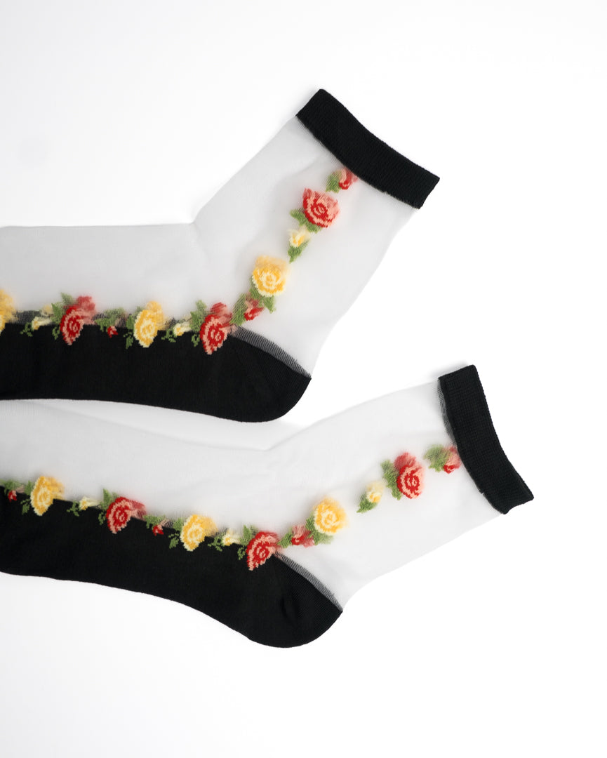 Rose Floral Sheer Crew Socks - Black