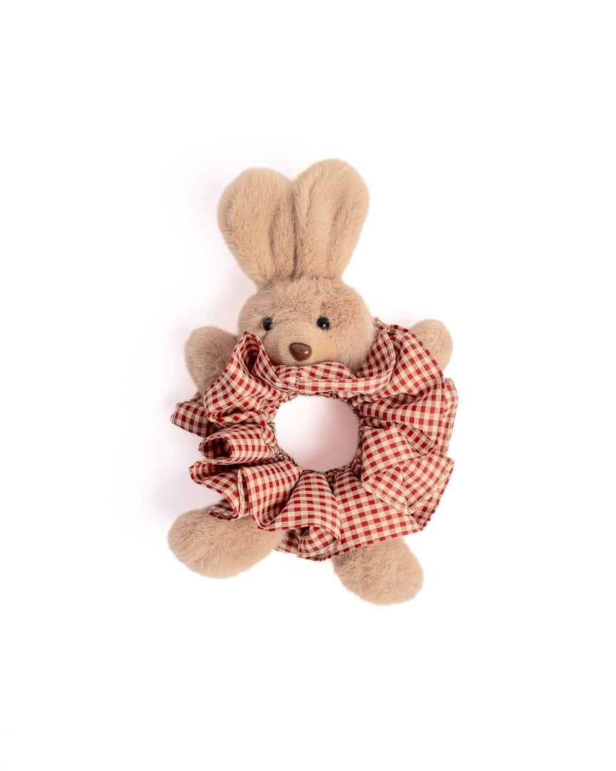 Fluffy Bunny Gingham Plush Hair Scrunchie in red featuring soft plush bunny and red and white check pattern on flat lay white background