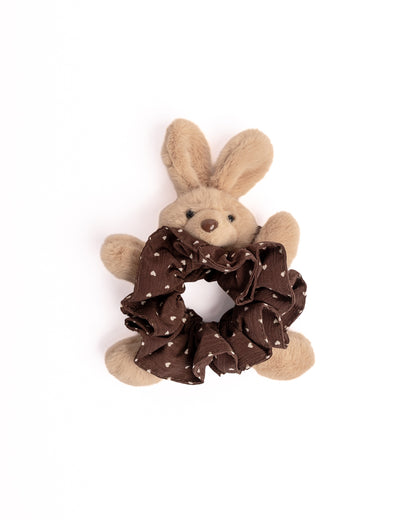 Fluffy Bunny Heart Plush Hair Scrunchie in brown featuring soft plush bunny and white heart printed fabric on flat lay white background