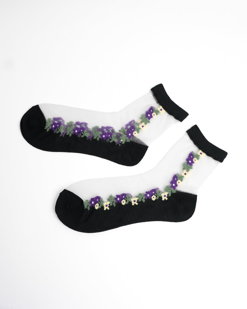 Violet Meadow Sheer Crew Socks - Black flat lay view