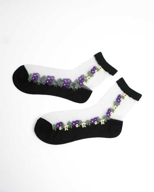 Violet Meadow Sheer Crew Socks - Black flat lay view