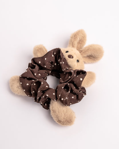 Fluffy Bunny Heart Plush Hair Scrunchie - Brown