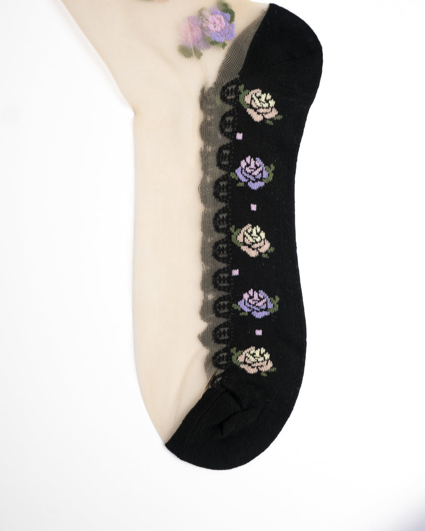 Rose Floral Sheer Crew Socks - Black