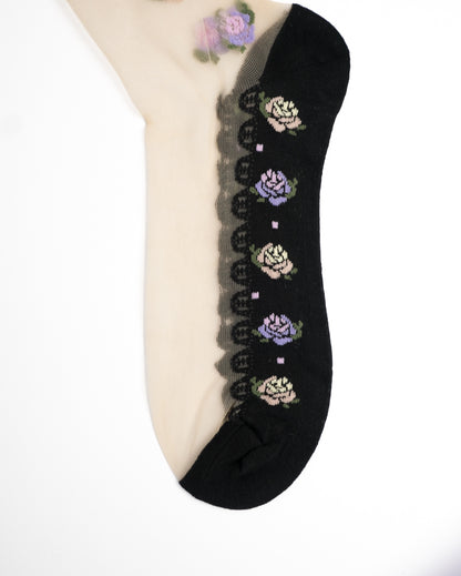 Rose Floral Sheer Crew Socks - Black