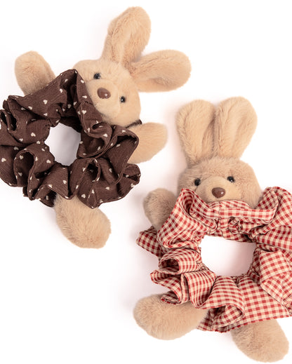Fluffy Bunny Gingham Plush Hair Scrunchie - Red