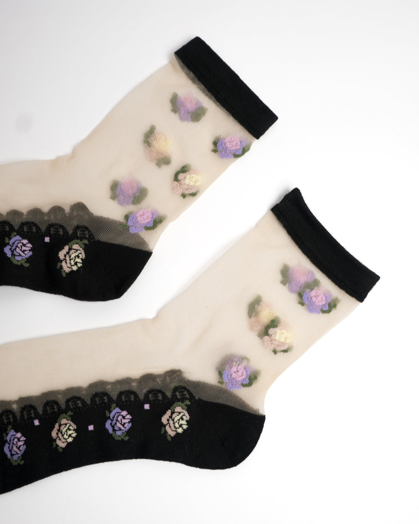 Rose Floral Sheer Crew Socks - Black