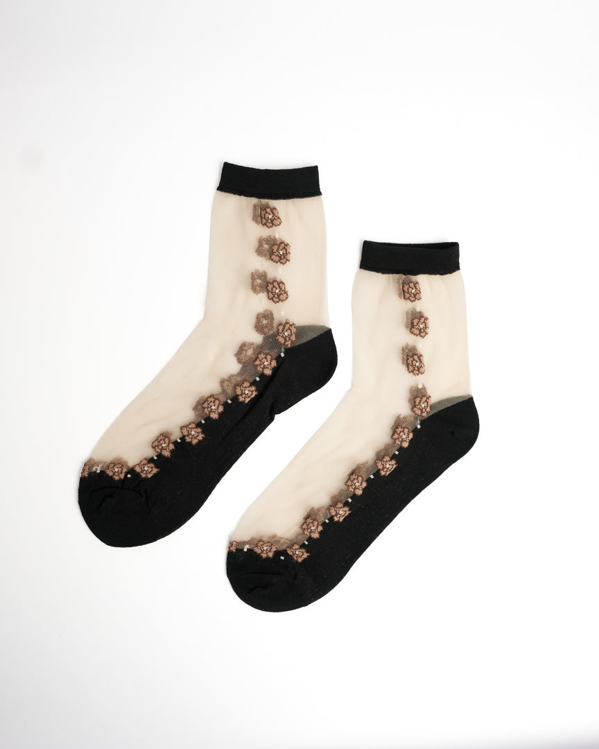 Floral Sheer Crew Socks - Black