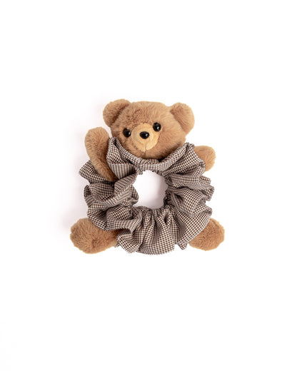 Teddy Bear Gingham Plush Hair Scrunchie in brown featuring fluffy teddy bear design and brown check pattern on flat lay white background