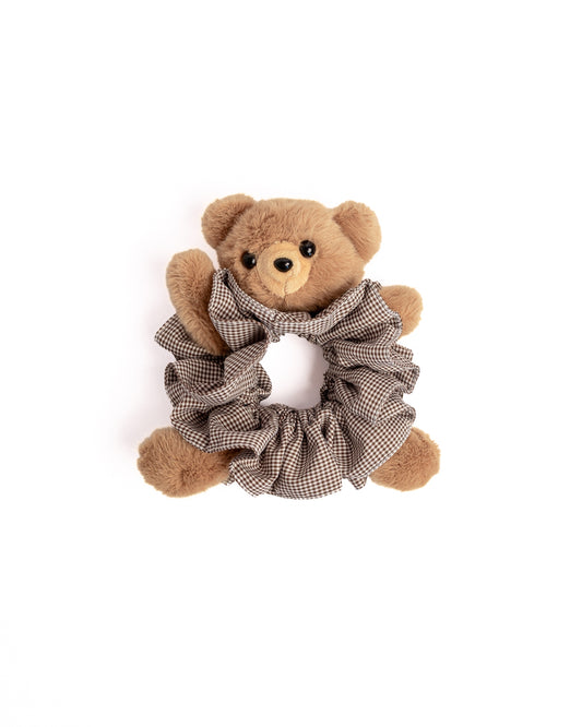 Teddy Bear Gingham Plush Hair Scrunchie in brown featuring fluffy teddy bear design and brown check pattern on flat lay white background
