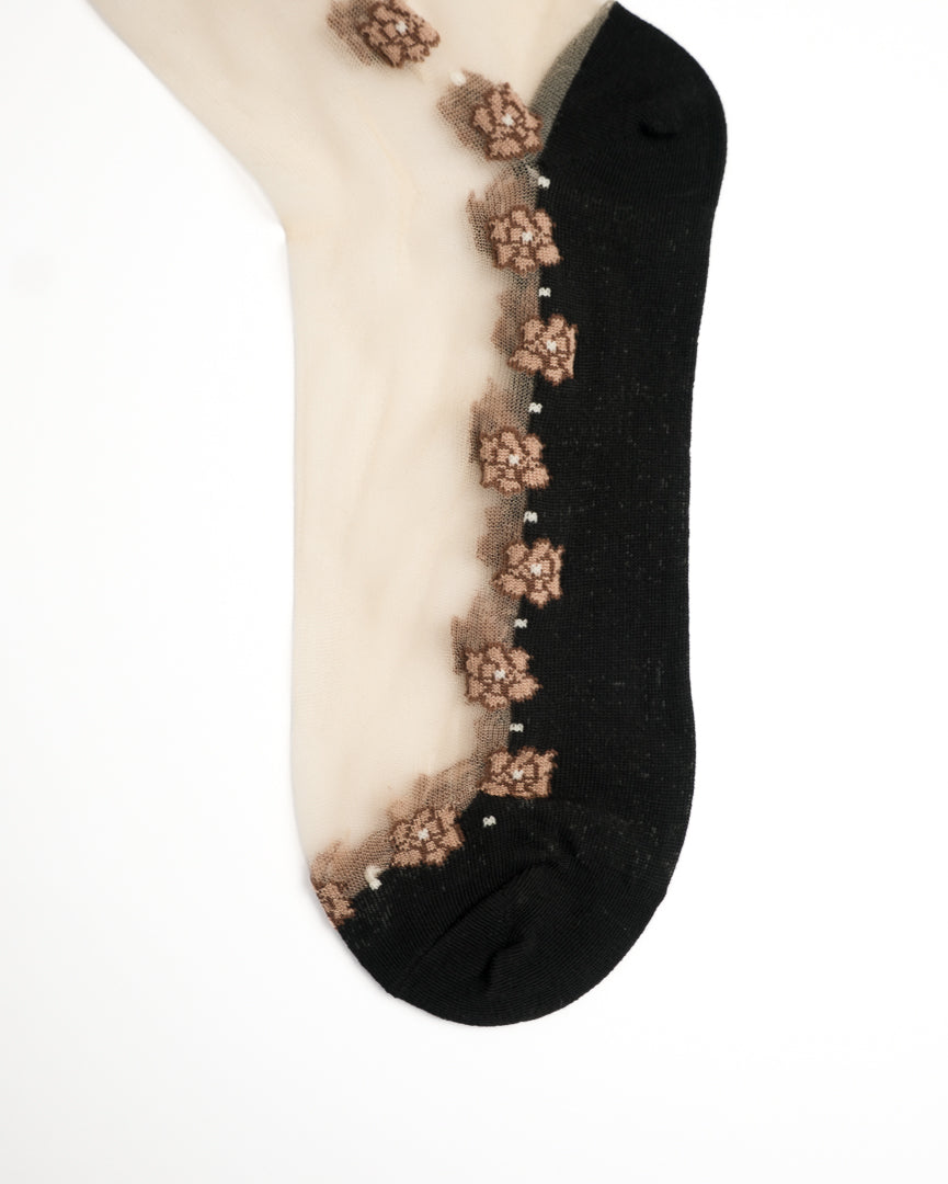 Floral Sheer Crew Socks - Black