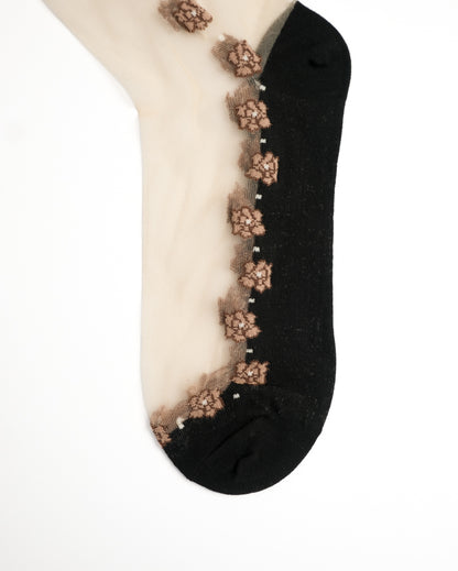 Floral Sheer Crew Socks - Black