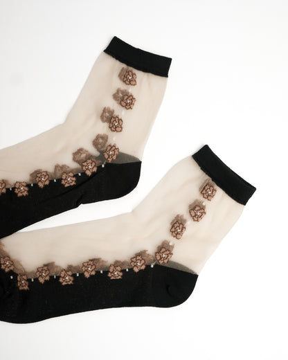 Floral Sheer Crew Socks - Black