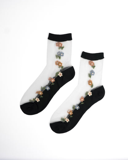 Vintage Floral Mesh Sheer Crew Socks - Black