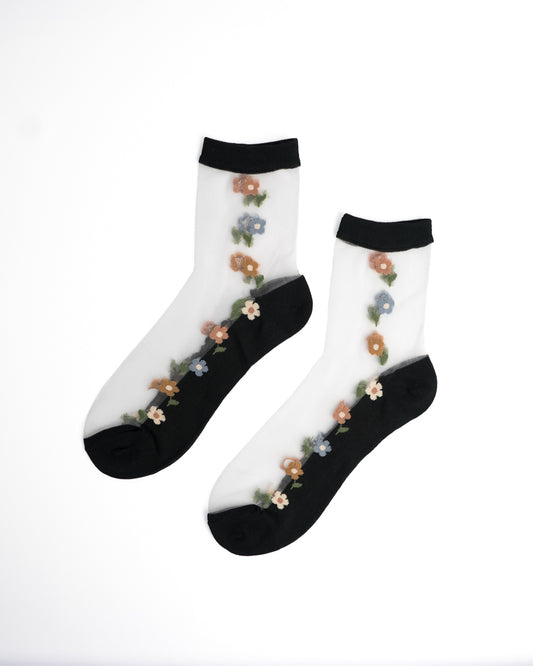 Vintage Floral Mesh Sheer Crew Socks - Black