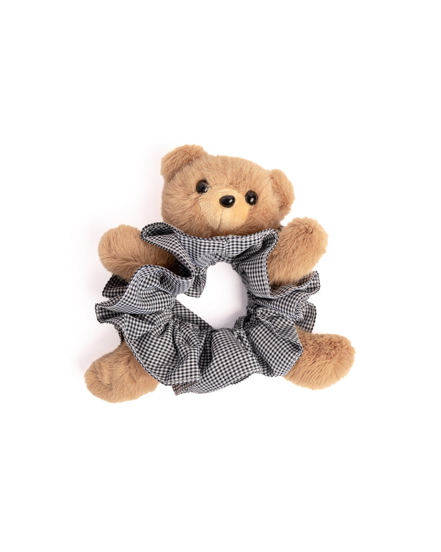 Teddy Bear Gingham Plush Hair Scrunchie in black featuring fluffy teddy bear design and black and white check pattern on flat lay white background