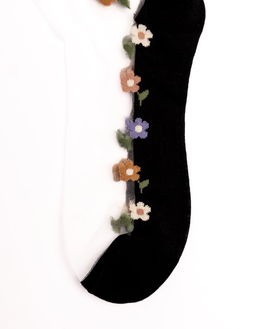 Vintage Floral Mesh Sheer Crew Socks - Black