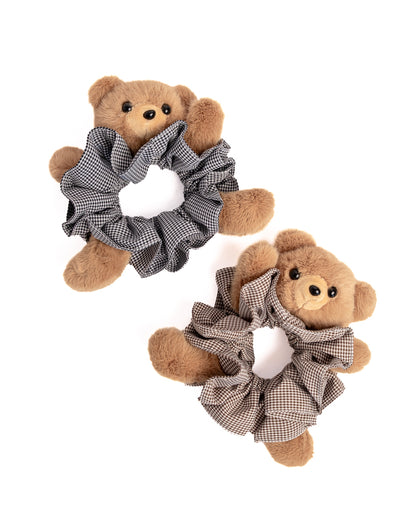 Teddy Bear Gingham Plush Hair Scrunchie - Brown
