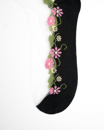 Pink Daisy Sheer Crew Socks - Black