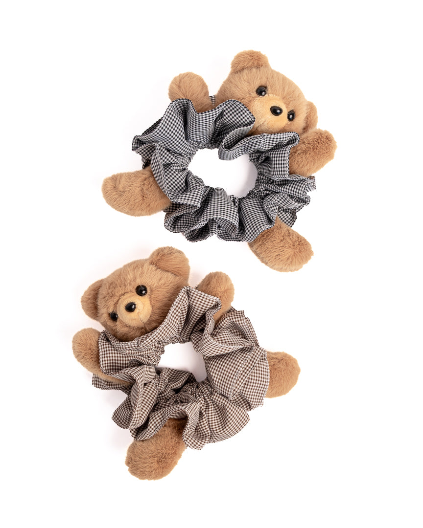 Teddy Bear Gingham Plush Hair Scrunchie - Black