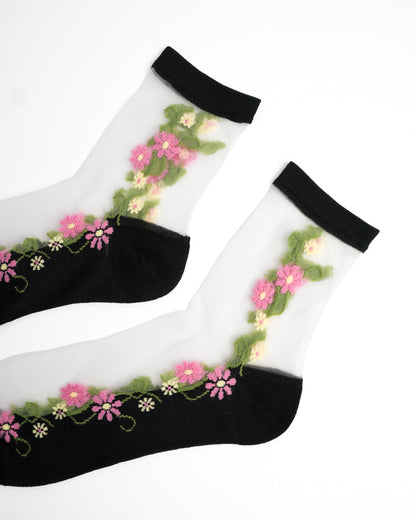 Pink Daisy Sheer Crew Socks - Black