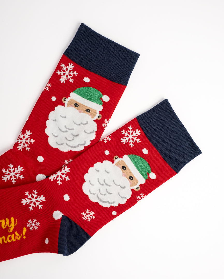 Santa Claus Pattern Festive Christmas Crew Socks - Red & Grey