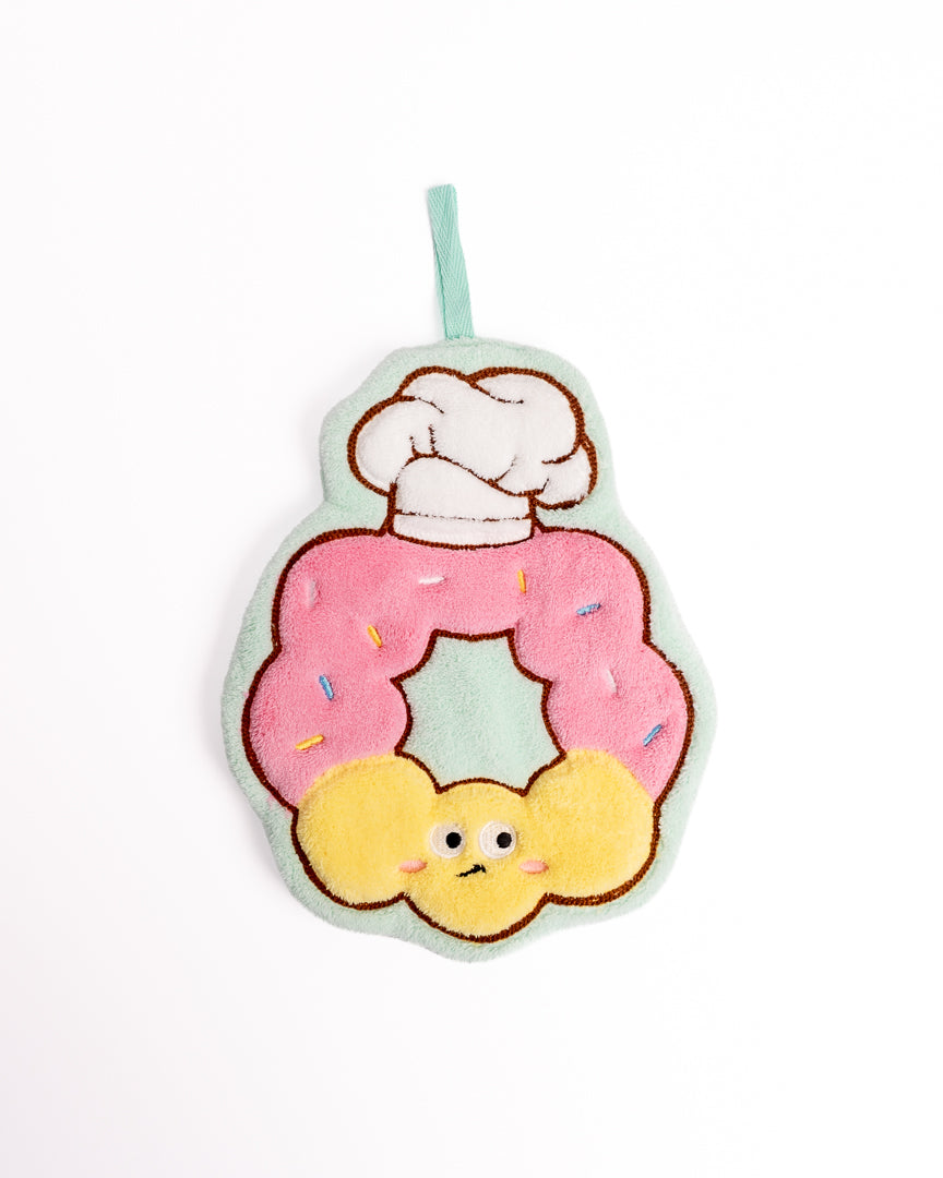 Chef Donut Kitchen Hanging Hand Towel featuring pink frosted donut with chef hat on flat lay white background