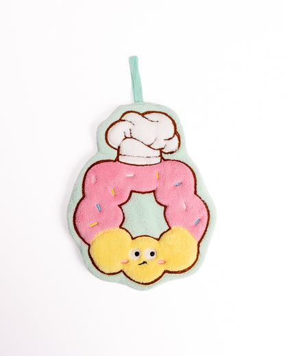 Chef Donut Kitchen Hanging Hand Towel featuring pink frosted donut with chef hat on flat lay white background