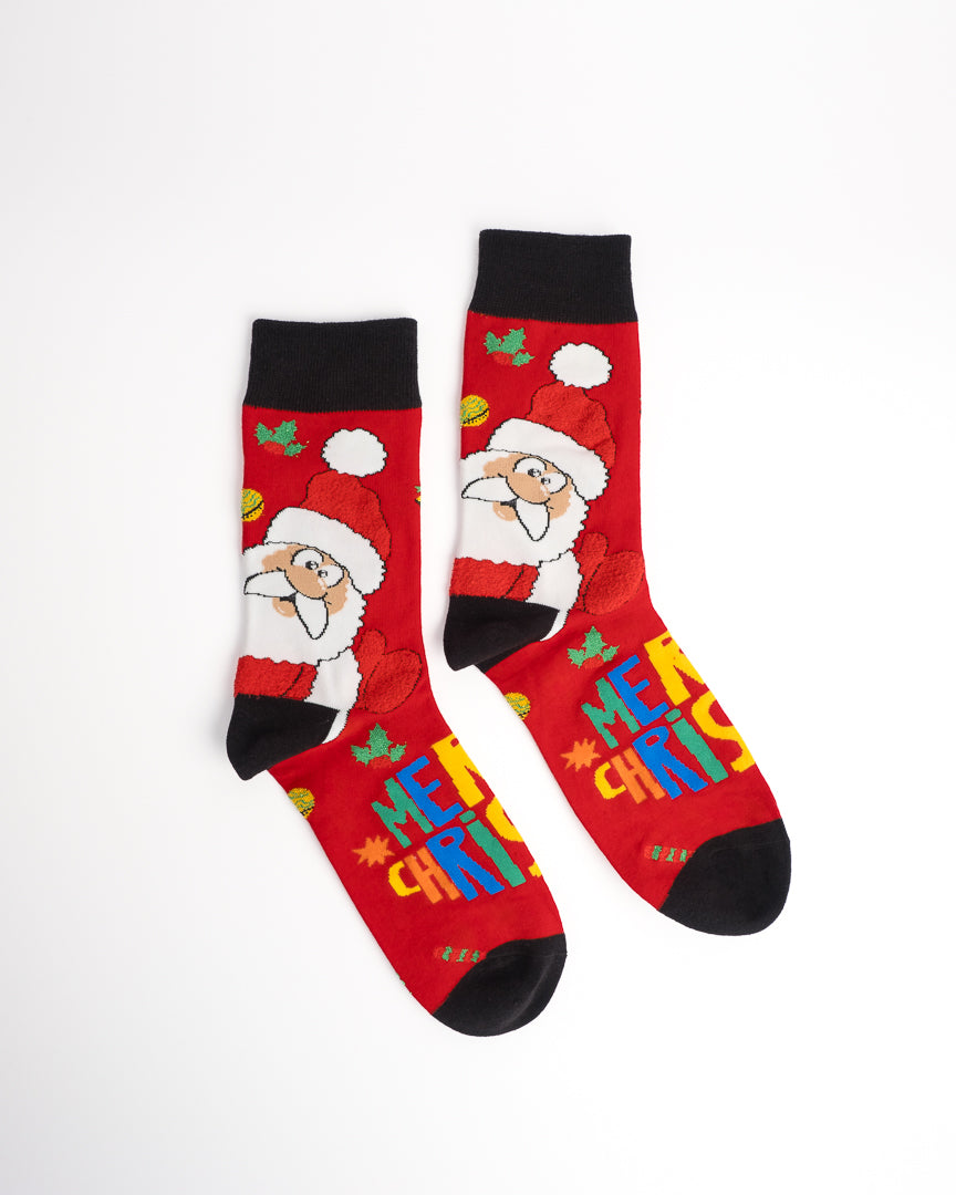 Santa Claus Pattern Festive Christmas Crew Socks - Red & Grey