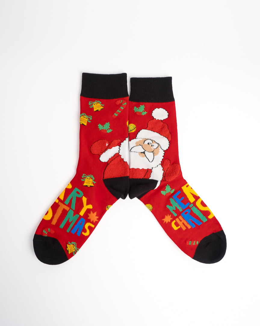 Santa Claus Pattern Festive Christmas Crew Socks - Red & Grey
