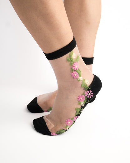 Pink Daisy Sheer Crew Socks - Black