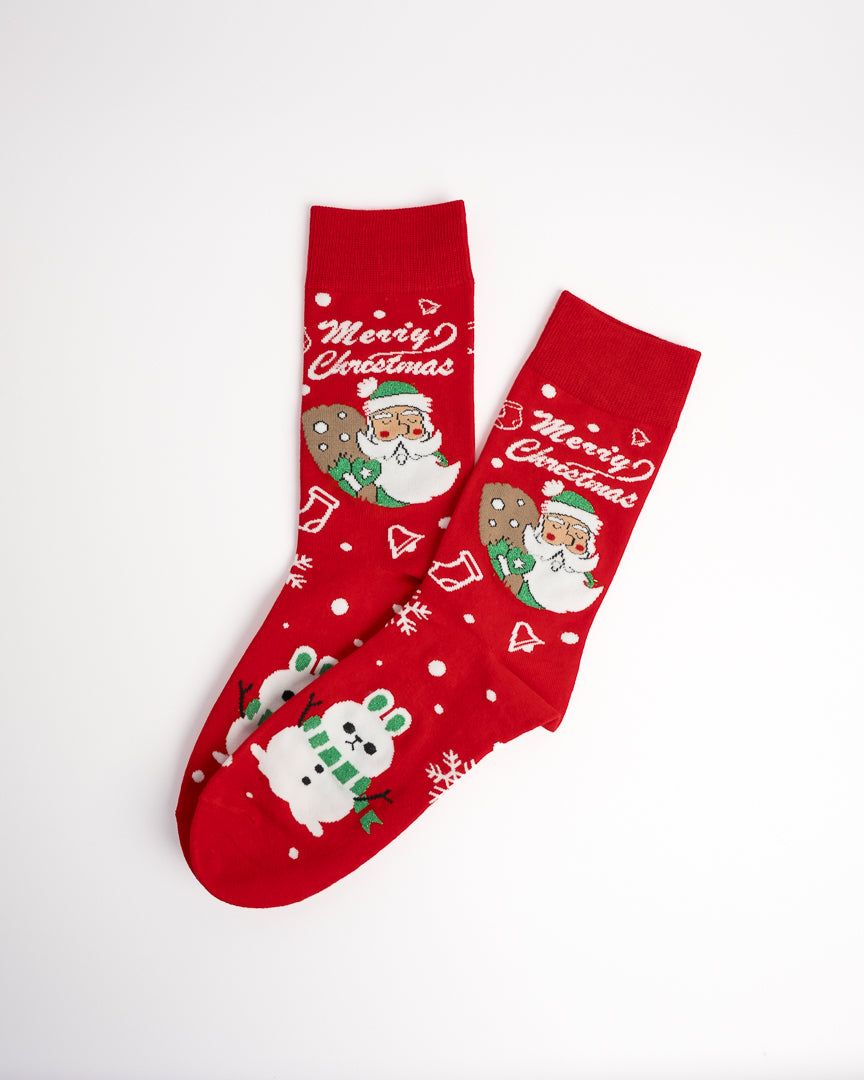 Santa Claus Pattern Festive Christmas Crew Socks - Red & Grey