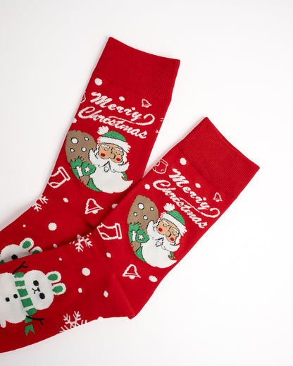 Santa Claus Pattern Festive Christmas Crew Socks - Red & Grey