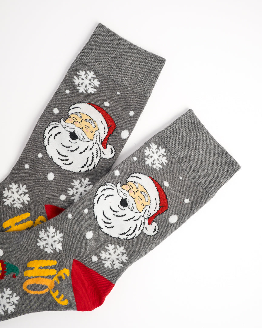 Santa Claus Pattern Festive Christmas Crew Socks - Red & Grey