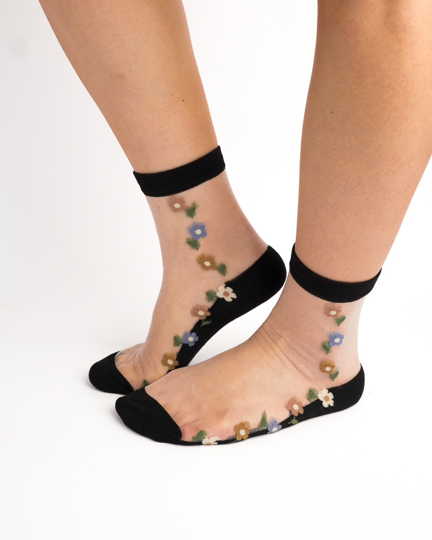 Vintage Floral Mesh Sheer Crew Socks - Black