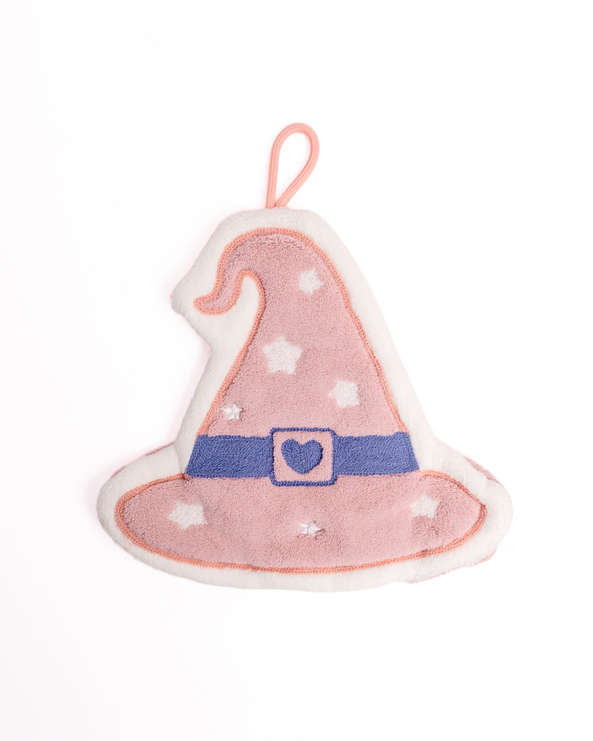 Cute Witch Hat Kitchen Hanging Hand Towel in pink featuring white stars, heart buckle band, and hanging loop on flat lay white background