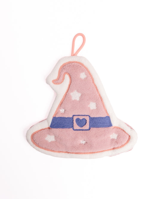 Cute Witch Hat Kitchen Hanging Hand Towel in pink featuring white stars, heart buckle band, and hanging loop on flat lay white background