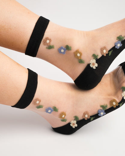 Vintage Floral Mesh Sheer Crew Socks - Black